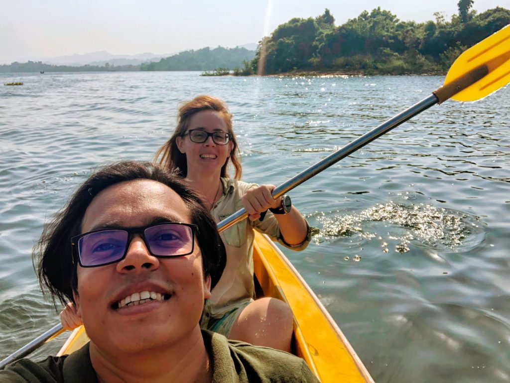 Mohammad Tauheed and Sarah-Jane Saltmarsh kayaing in Rangamati