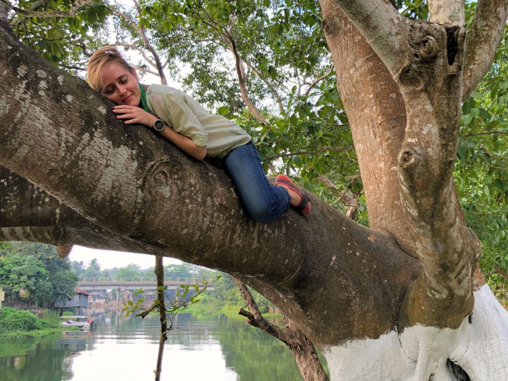 On the way to Rajbon Vihara Sarah-Jane Salmarsh tree hugging – Photo by Mohammad Tauheed